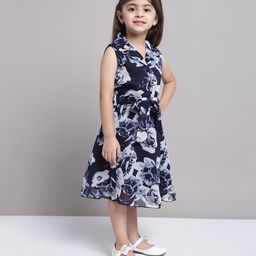 Mini & Ming Georgette Sleeveless Floral Printed Dress - Navy Blue-image-86
