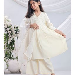 misbis Silk Full Sleeves Floral Embroidered Kurta & Palazzo With Dupatta Set - White-image-94