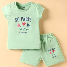 Pink Rabbit Single Jersey Knit Half Sleeves T-Shirt & Shorts Set with So Paris Text Print - Light Green-image-18