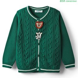 Babyoye 100% Cotton Knit Front Open Sweater with Cable Knit Design & Patch Detailing - Green-image-23