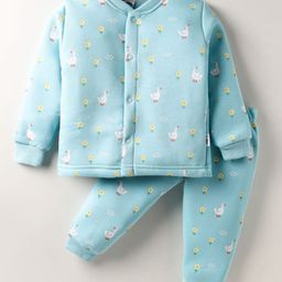 Teddy Knit Full Sleeves Co-ords Fleece Winter Night Suit with Duck & Floral Print - Light Blue-image-11
