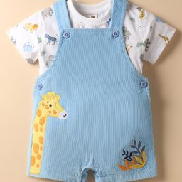 ToffyHouse Corduroy Woven Half Sleeves T-Shirt & Dungaree with Animal Embroidery & Print - Light Blue & White-picture-32