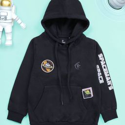 Kiddopanti Knit Full Sleeves Space Theme Patch Embroidered & Printed Hooded Sweatjacket - Black-image-52