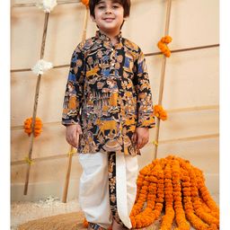 AJ Dezines Cotton Woven Full Sleeves Farm & Animals Printed Kurta Dhoti Set - Black-image-33