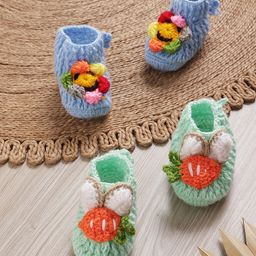 MayRa Knits Knit Set Of 2 Smiley Face Flower & Carrot With Bunny Ear Applique Detailed Booties - Blue & Green-picture-22