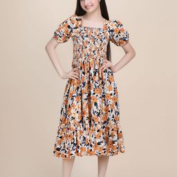 DEKLOOK Girl's Floral Printed Puff Sleeve Crepe Formal Fit & Flare Dress-image-91