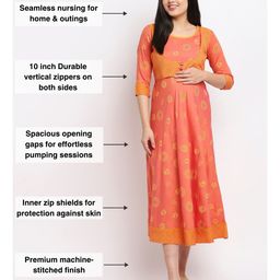 True Shape Three Fourth Sleeves Circles Printed Maternity Flared Kurta With Concealed Zipper Nursing Access - Orange image 4