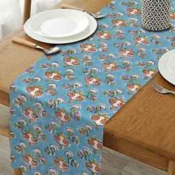 Myntra Elegant Homes Teal Blue & White Floral Block Printed Pure Cotton Table Runner-15