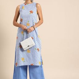 Anouk Women Blue & White Chevron & Floral Print Pure Cotton Kurta with Palazzos-15