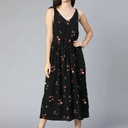 Oxolloxo Black Floral Print Fit & Flare Dress-image-45