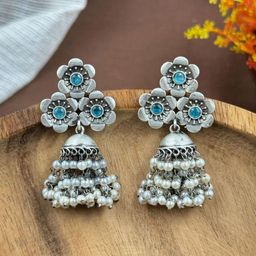 NAMAN ARTS Silver-Plated Oxidised Stones Studded & Pearl Beaded Dome Shaped Jhumkas-picture-30