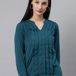 plusS Teal Solid Mandarin Collar Pleated Top-image-43