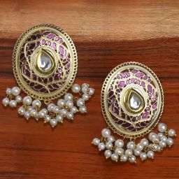 Oomph Purple Magenta Meenakari Kundan Pearls in Oval Shape Stud Earrings-image-81