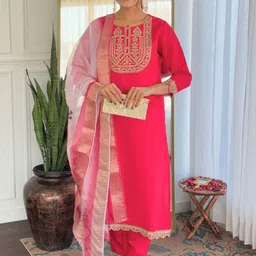 Ekta Textiles Women Embroidered Regular Thread Work Kurti with Trousers & With Dupatta image 5