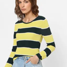 Only Green & Yellow Textured Cropped Knitted Pullover-image-53
