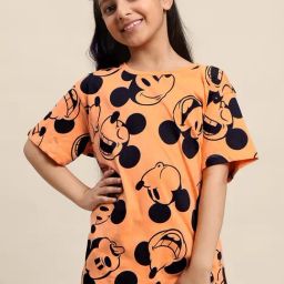 Kidsville Peach & Black Cotton Printed Mickey T-Shirt-image-57