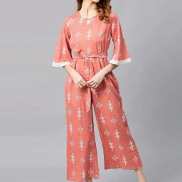 Juniper Peach Geometric Printed Cotton Flex Jumpsuit With Zip Closure-image-25