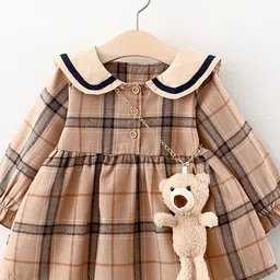 YK Girls Checked Peter Pan Collar Puff Sleeves Cotton Fit & Flare Dress-picture-18