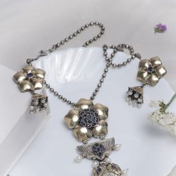 SIVA BY ANIKA Brass-Plated Stone-Studded & Beaded Oxidised Jewellery Set-image-12