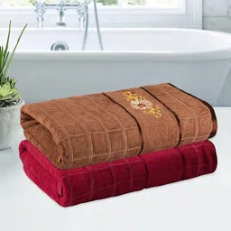 Myntra Elegant Homes Red & Brown 2 Pieces Checked Cotton 260 GSM Bath Towels-13