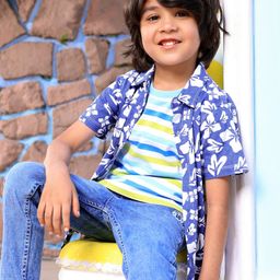 Babyhug Cotton Half Sleeves Knit Boys Shirt Floral Print - Blue-image-3