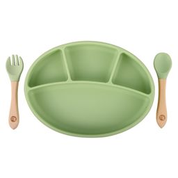 Taabartoli Silicone Oval Plate with Suction  Bamboo Spoon and Fork Set - Green-26