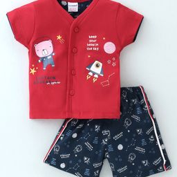 Cucumber Cotton Sinker Knit Half Sleeves Night Suit Bear Print - Red-picture-14