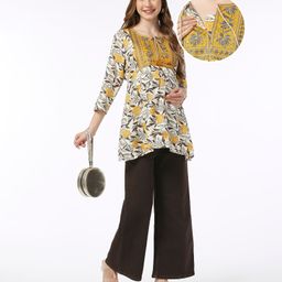 Bella Mama 100% Viscose Woven Embroidered Yoke  Three Fourth Sleeves Maternity Top with Pocket Floral Print - White-image-15
