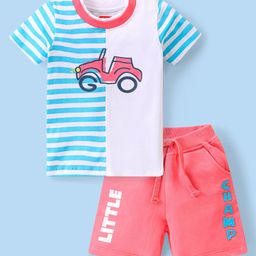 Babyhug Single Jersey Knit Half Sleeves T-Shirt &  Shorts Set with Striped  & Car Print - Blue & Red-image-7