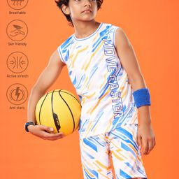 Pine Active Knit High Stretch Sleeveless T-Shirt & Shorts Set Text Print - Blue-image-6