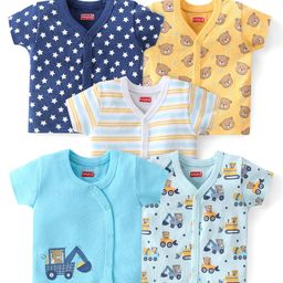 Babyhug 100% Cotton Knit Half Sleeves Front Open Vests Stripes & Bear Print Pack of 5 - White Yellow & Blue-image-30
