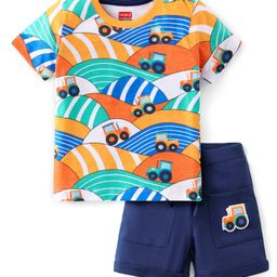 Babyhug Cotton Knit Half Sleeves T-Shirt & Shorts Set With Tractor Print - Multicolor-picture-11