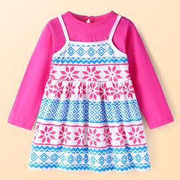 Babyhug Single Jersey Knit Floral Printed Frock with Full Sleeves Inner Tee - White & Dark Pink-image-65