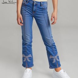Arias Denim Woven Stretch Full Length Jeans With Front Slit and Rhinestone Bow Detailing - Medium Wash Blue-image-35