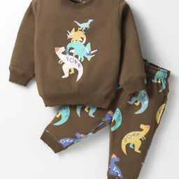 Doreme Terry Knit Full Sleeves Winter Wear Co-Ord Set With Dino Print - Brown-picture-11