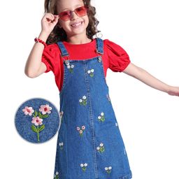 Hola Bonita Cotton Woven Floral Embroiderd Denim Dress with Half Puffed Sleeves Solid Inner Top - Blue & Red-image-11