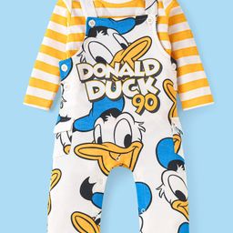 Babyhug Disney Single Jersey Knit Full Sleeves Stripeed Dungaree Style Romper with Donald Duck Print - White & Yellow-image-51