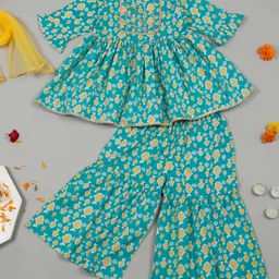 Little Ginnie Half Bell Sleeves Fish Printed Gota Lace Embellished Kurta Sharara & Dupatta Set - Green-image-69