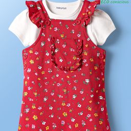 Babyoye 100% Cotton Interlock Knit Eco Jiva Finish Half Sleeves Frock With Inner Tee Floral Print - Red & White-image-14