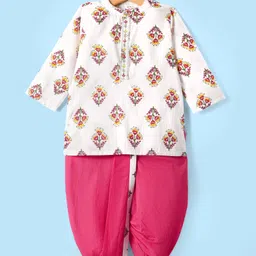 Babyhug Cotton Woven Full SleevesDhoti Kurta Set With Floral Print -White-picture-20