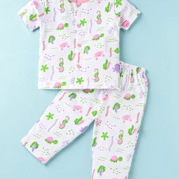 Child World Interlock Knit Half Sleeves Co-Ord Nightsuit with Sea Life Theme Print - White & Pink-image-43