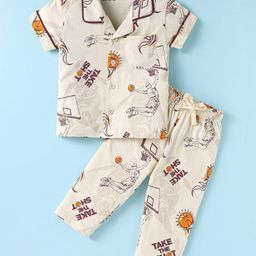 Doreme Single Jersey Knit Half Sleeves Co-ords Night Suit with Basketball Print - Cream-image-72