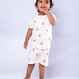 Orange Sugar 100% Cotton Knit Half Sleeves Orange Printed Tee & Coordinating Shorts Set - Off White-picture-32