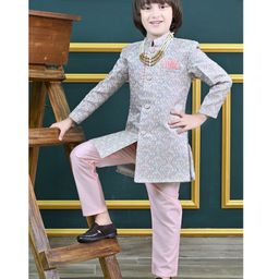 Ahhaaaa Jacquard Full Sleeves Floral Foil Printed Indo Western Sherwani & Pant Set - Pink-image-78