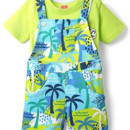 Babyhug Single Jersey Knit Half Sleeves T-Shirt & Dungaree With Text & Beach Theme Print - Limegreen-image-10
