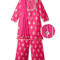 EARTHY TOUCH Woven Full Sleeves Floral Printed Kurta & Salwar With Dupatta Set - Pink-image-38