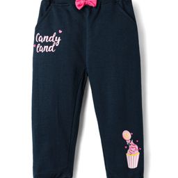 Babyhug Terry Knit Full Length Lounge Pant With Bow Applique & Text Print - Navy Blue-image-63