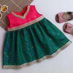 Many frocks & Blended Woven Sleeveless Boti Lace Embellished & Checked Ethnic Dress - Pink & Green-image-64