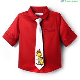 Babyoye 100% Cotton Woven Full Sleeves Solid Party Shirt With Tie - Red-image-2