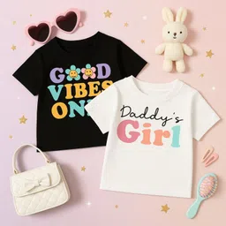 Luke and Lilly Cotton Knit Pack Of 2 Half Sleeves Good Vibes Only & Daddys Girl Text Printed Tees - Black & White-picture-13